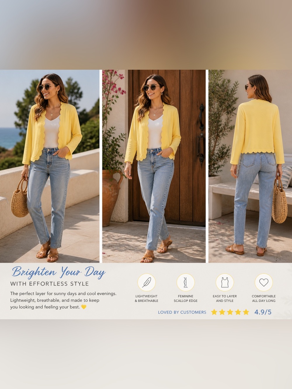 Nina Leonard Bright Yellow Scallop-Edge Cardigan